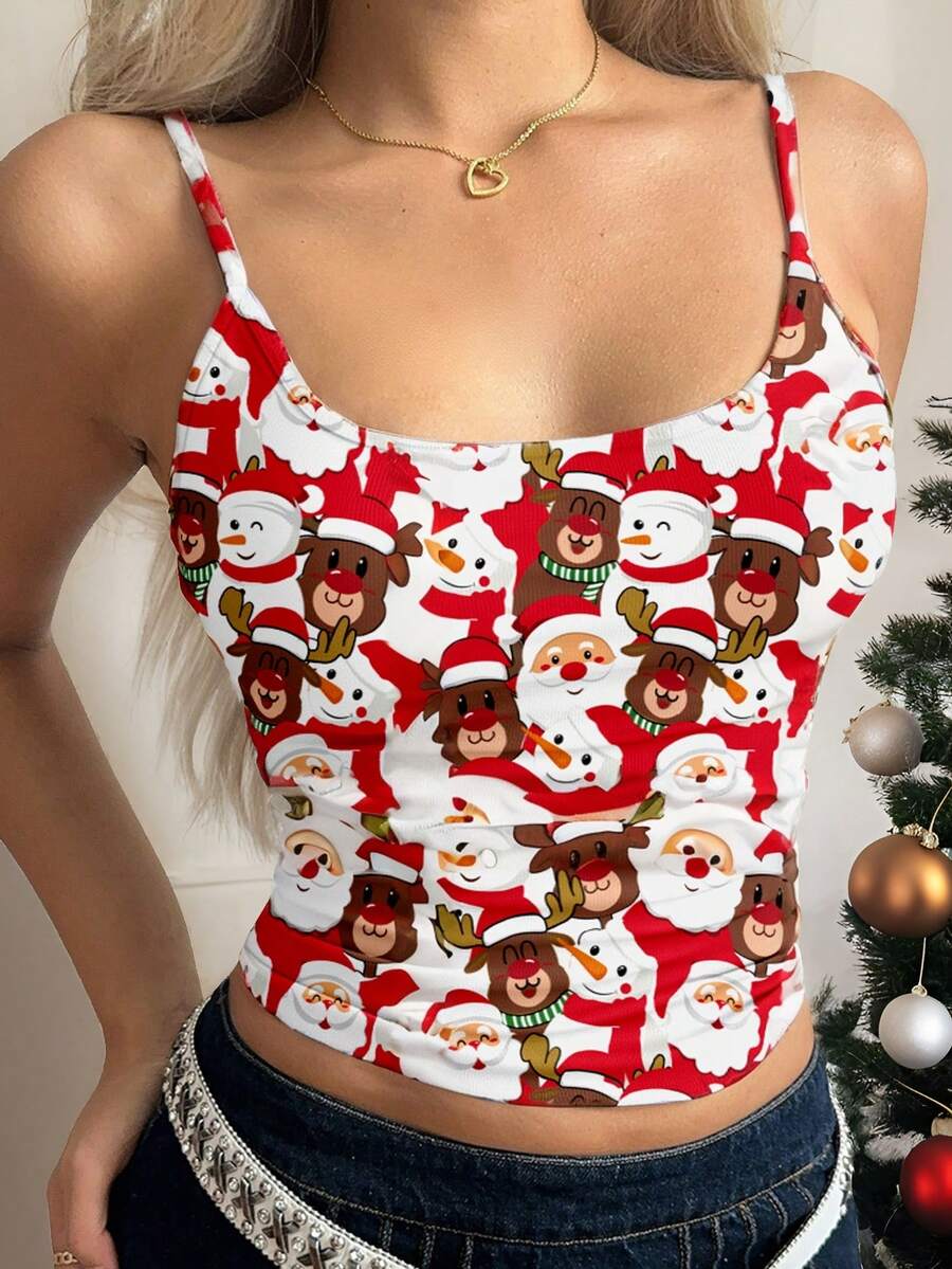 SHEIN EZwear 女士休闲性感雪人驯鹿图案吊带背心,红色,夏季 - 白色 - 查看 1