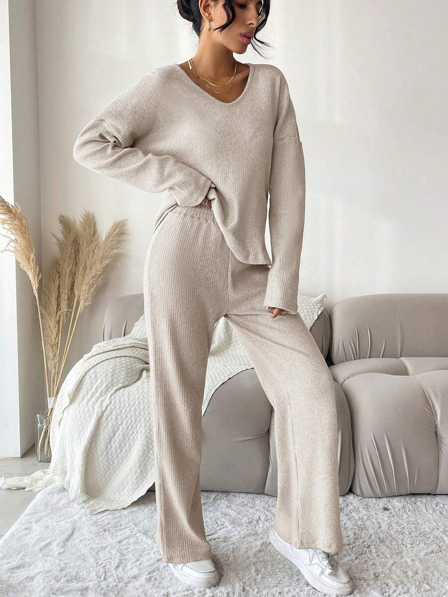 EURMUSE Women V-Neck Drop Shoulder Long Sleeve Top And Pants 2 Pieces Set, Casual - Mocha Brown - View 1