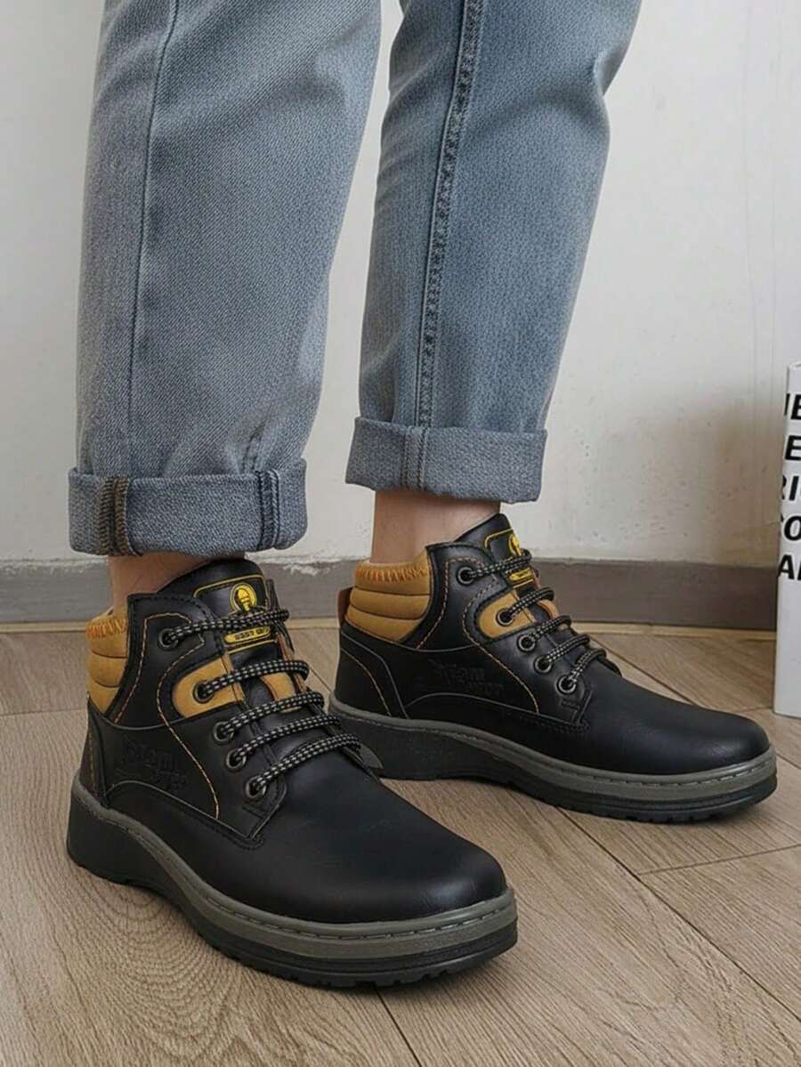 Hombre resistente costura doble punta redonda cordones suela dentada estilo urbano outdoor trabajo bota alta - Negro - Ver 1