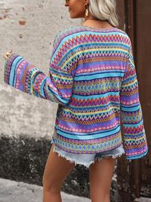 EMERY ROSE Women's Multicolor Wave Pattern Drop Shoulder T-Shirt Graphic Tees Women Tops - Multicolor - View 2