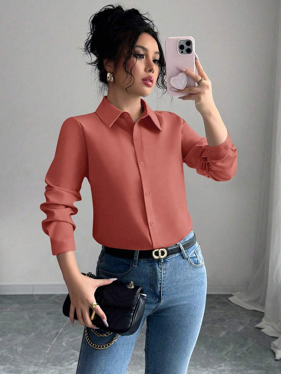 Elenzga Women's Solid Color Minimalist Long Sleeve Shirt, Casual Everyday Wear - Redwood - View 1