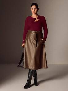 Juhart Áo thun tay dài ôm sát thiết kế nhẫn trơn màu cỡ lớn Elenzga dành cho nữ - Màu Đỏ Sâu - Xem 4