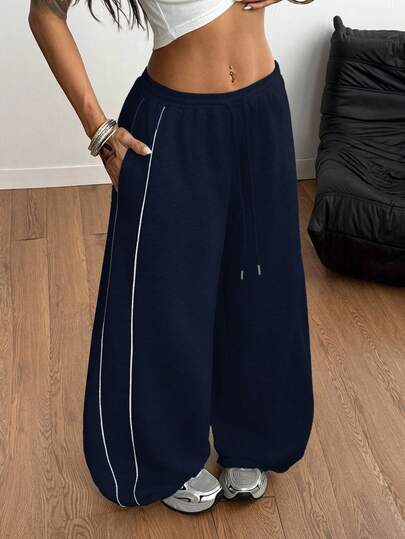 Coolane Women's Fall/Winter Streetwear Casual Sport Banded Texture Decoration Navy Blue Low Rise Baggy Sweatpants,Fall,Fall Clothes For Women