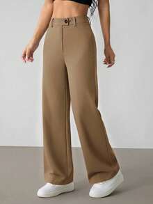 SHEIN PETITE 女式休闲纯色直筒裤 - 棕色 - 查看 6