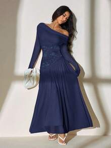 SHEIN PETITE 新款一字肩长袖撞色网纱刺绣不对称下摆拼接超长高弹修身连衣裙优雅浪漫 - 藏蓝色 - 查看 5