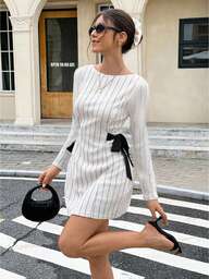 SHEIN Frenchy Vestido mini casual de mujer con cintura ceñida y rayas, otoño