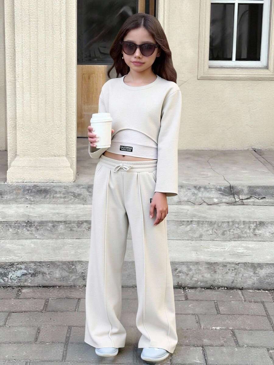 SHEIN Tween Girls 3pcs Solid Color Casual Sweatshirts Cami Sweatpants Set, Casual Daily Wear, Back To School, Mommy And Me Outfits - Grey - View 1
