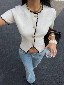 Siren Gaze Women's Casual Commuter Contrast Trim Short Sleeve Thin Cardigan Summer - Apricot - View 4