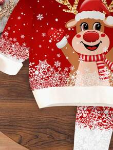 SHEIN 女婴可爱搞笑卡通圣诞驯鹿扎染雪花圣诞红喜庆休闲柔软厚圆领长袖运动衫和紧身裤套装，适合秋冬季 - 彩色 - 查看 6