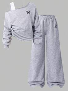 Sparklyn 2pcs/Set Teenage Girls Oblique Shoulder T-Shirt Top & Wide Leg Loose Pants Suit, Suitable For Autumn