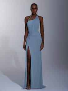 Elitara Elegant, Noble & Graceful Gray-Blue High Elastic Knitted Mesh Halter Neck Dress With Luxurious Metal Decor, Pleated Front Panel, Twisted Waist, Asymmetric Ruched Fishtail Hem, Suitable For Dates, Vacations, Singles Parties, Weddings, And Everyday Wear - Dusty Blue - View 7