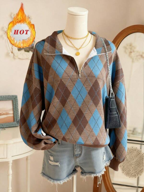 INAWLY 女士菱形图案保暖内衬拉链卫衣，秋冬款