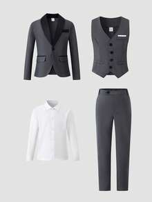 SHEIN 4 件套 Tween Boy 高级优雅时尚宴会婚礼舞台表演主持人服装套装。西装外套 + 修身背心 + 纯白长袖衬衫 + 休闲裤 4 件套，适合晚宴、派对、主持、舞台表演、聚会、T 台、洗礼、商务、生日派对、婚礼、毕业典礼和各种场合，适合所有季节 - 深灰色 - 查看 4