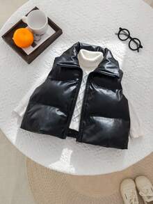 SHEIN Black Solid Color Casual Warm Thick Vest Jacket For Young Girls And Girls, Suitable For Autumn And Winter Wear. Matching Parent-Child Vest Jacket, Thick Jacket, Fashionable And Cutting-Edge Design, Suitable For Both Indoor And Outdoor Wear. Simple Style, Suitable For Everyday Wear, Sports, Play, Parties, Photo Shoots, Vacations, And Holidays.