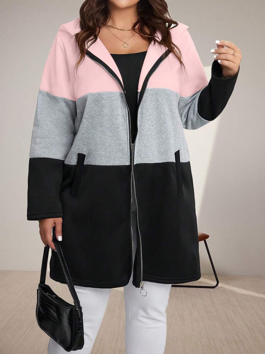 Momelise Plus Colorblock Zip Up Hooded Coat Fall Winter Cloth For Women Autumn