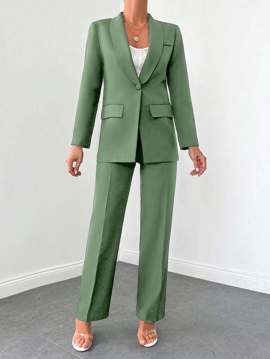 SHEIN Cottnline Women's Casual Commuting Solid Color Jacket And Pants Suit - Mint Green - View 1