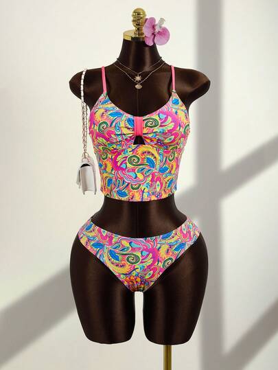 Zestiva 2pcs Women's Paisley (Neon) Print Hollow Out Strap Casual Vacation Swimsuit Set, Spring/Summer