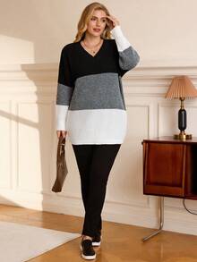 Rosumi Plus Size Women Contrast Color V-Neck Dropped Shoulders Long Sleeve Casual Sweater, Autumn/Winter Fall - Multicolor - View 5