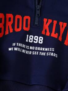 Young Boy Letter Print Zip-Up Polo Sweatshirt And Pants Casual Outfit - Navy - View 6