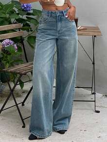 Dazy Tall 高腰女式休闲直筒牛仔裤 - 中等水洗藍 - 查看 5