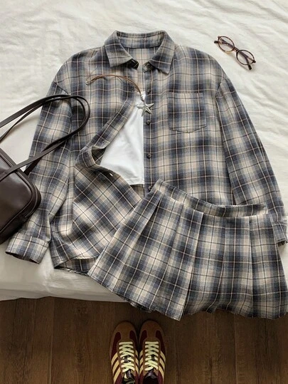 Comfortcana Plus Size Plaid Shirt And Skirt 2 Pieces Set, Casual For Spring/Summer