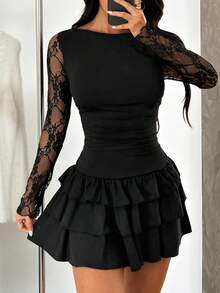 SHEIN EZwear 派对大码黑色薄款长袖蛋糕迷你连衣裙 - 黑色 - 查看 6