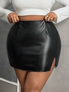 SHEIN PETITE CURVE 大码女式优雅 PU 皮革不对称下摆短款 A 字裙，秋冬舒适休闲 - 黑色 - 查看 4