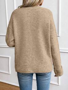 EMERY ROSE Women's Khaki Round Neck Reverse Cuff Fashionable Versatile Simple Wool Blend Pullover Sweater - Khaki - View 2
