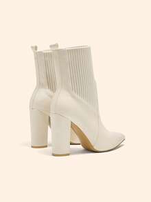 CUCCOO BASICS 女士尖头粗跟米色时尚优雅通勤简约日常百搭针织中筒踝靴 - 米色 - 查看 8