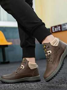 Hombre piel resistente costura doble punta redonda cordones suela dentada estilo outdoor urbano trabajo botas altas - Marrón - Ver 3