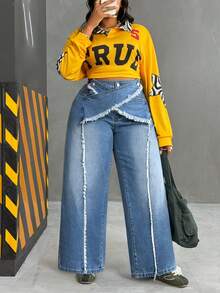Slaydiva Quần Jeans Baggy Thời Trang Thường Ngày Cho Nữ Cỡ Lớn, Viền Xỉn, Giặt Thường Ngày - Rửa trung bình - Xem 3