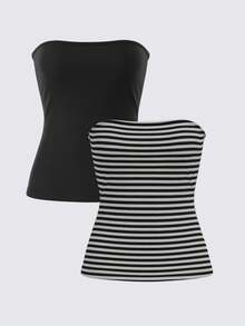 SHEIN BASICS 2 chiếc áo hai dây dệt kim ngắn thường ngày dành cho nữ - màu đen - Xem 3