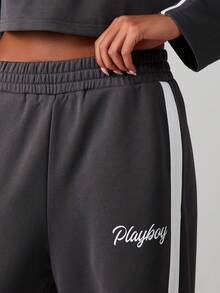 Missguided x Playboy Quần nỉ ống rộng có nơ buộc bên hông, quần chạy bộ thường ngày mặc ở nhà - Màu xám đen - Xem 5