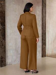 Flirla 大码秋冬欧美风梭织西装套装，法式修身直筒裤，时尚优雅的OL套装，棕色两件套，女士两件套，优雅女士办公套装，商务休闲女士两件套，女士西装套装，商务休闲女士两件套，棕色两件套，女士两件套，优雅女士西装套装，商务休闲女士两件套，棕色两件套，女士两件套，优雅女士 - 棕色 - 查看 2