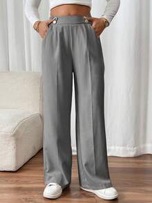 SHEIN Frenchy 女士双扣直筒优雅办公裤 - 灰色 - 查看 4