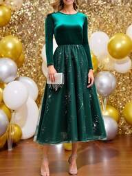 SHEIN Abito da donna in velluto verde con paillettes e inserti in rete, adatto per feste, Natale