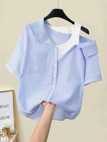 Franclia Fashionable Daily Casual Striped Short Sleeve Textured Blue And White Stripe Design Summer Women's Blouse Summer Top School Concert Cute Shirts Fall 4th Of July Shirt Classy Country