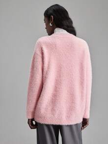 Ontre 女士柔粉色 V 领重叠领宽松落肩长袖仿针织马海毛混纺休闲都市时尚商务通勤高品质机场装、节日圣诞和新年毛衣 - 淺粉色 - 查看 3