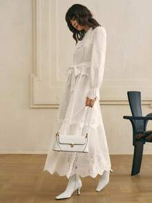 Cévolie 白色立领系带镂空刺绣长袖连衣裙 - 白色 - 查看 5