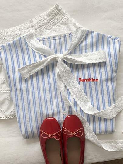 Comfortcana 2025 New Fall Women's Casual Striped Lace Collar Tie Front Blouse, Autumn Cozy Fall And Winter Christmas New Year Thanksgiving Blouse