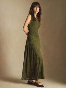 BizChic Olive Green,Summer,Retro,Tea Party Flocked Jacquard Open Shoulder Ruffle Hem Dress,Vintage Chic Elegant Casual Wedding Guest Party Outfit - Army Green - View 4