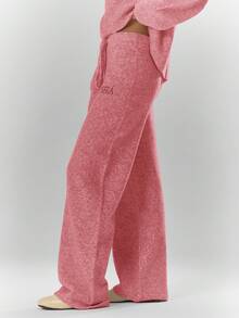 MUSERA Oversized Rib Knit Embroidered Detail Wide Leg Trousers Bottom Only Fall Autumn Cosy Cute Casual Coffee Club New Year Spring - Pink - View 3