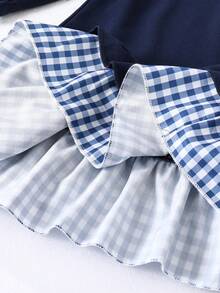 Gaun Kasual Anak Perempuan Motif Kotak-kotak Patchwork dengan Hem Berkerut, Musim Gugur - Biru - View 5