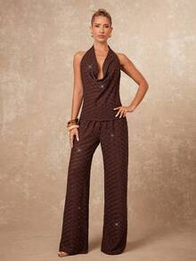 Lumalex 夏季奢华天鹅绒挂脖无袖直筒裤女款两件套 - 棕色 - 查看 4