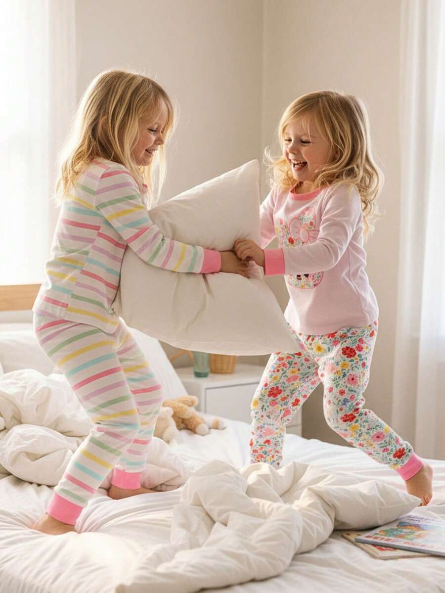 Baby Girls' Colorful Striped Floral Rabbit Print Long Sleeve Bodysuit & Pants Sleepwear Set - Multicolor - View 1