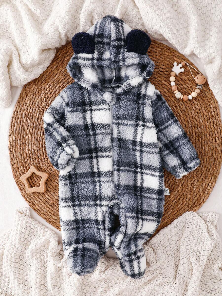 Newborn Hooded Romper, Plush Fabric, Classic Retro Brown Plaid Pattern, Cute Furry Ear Design, Zipper Closure, Long Sleeve Footie Pajamas, Infant Unisex Autumn/Winter Outfit - Blue - View 1