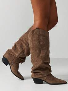 MISSGUIDED 西部及膝靴尖头牛仔靴冬季时尚休闲高筒靴粗跟绒面革秋季休闲日常鞋履 - 卡其色 - 查看 3