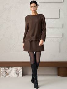 Heiryn 女式纯色圆领长袖系带休闲短款连衣裙 - 棕色 - 查看 4