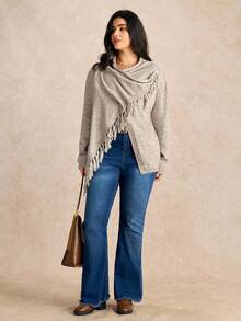 Elenzga Cardigan tricoté à manches longues avec design à franges, grande taille, casual et élégant, pull confortable - Kaki - Voir 7