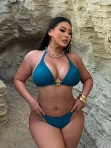 Swim SXY 大码女式闪亮吊带纯色螺旋装饰比基尼泳装套装